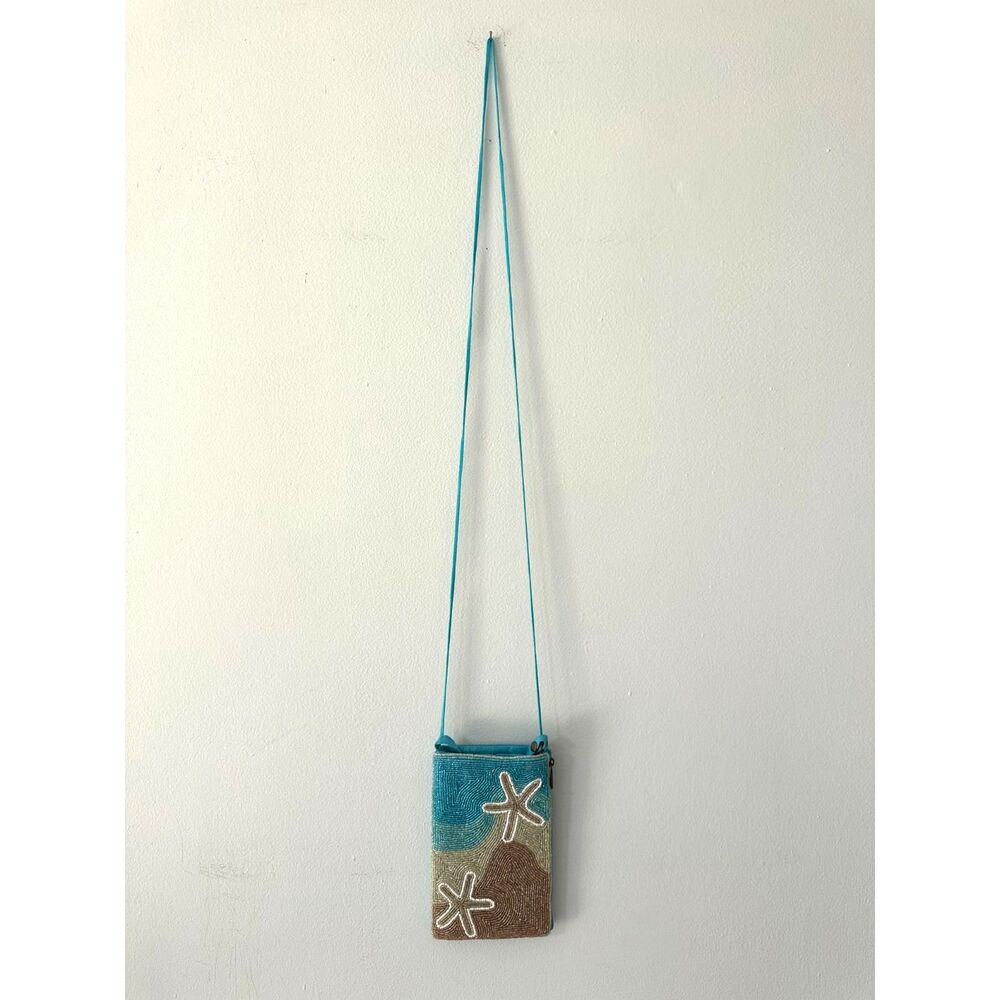 Beaded Starfish Mini Handbag Crossbody Phone Purse Turquoise Blue Beach Coastal - Picture 3 of 9
